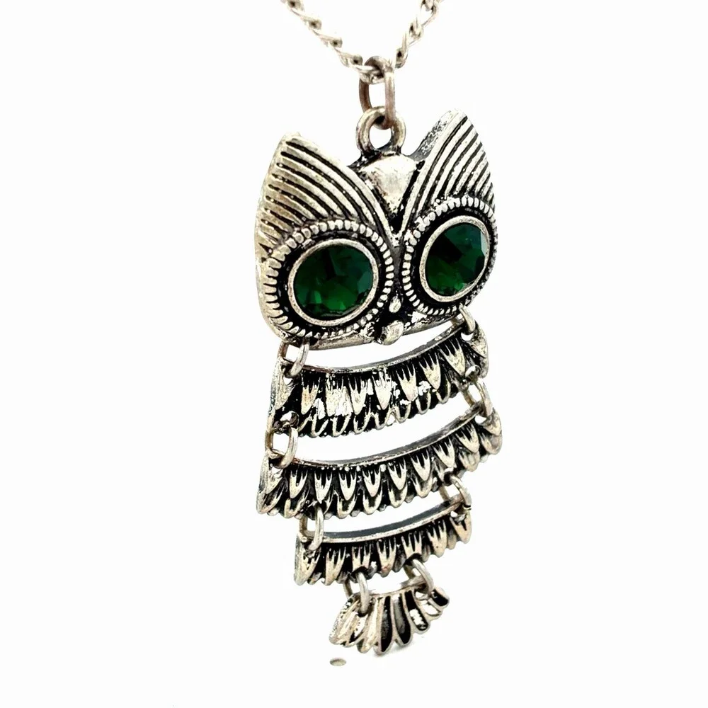 1970's Silver & Gold Tone Rhinestone Wisdom Intuition Luck Lot Two Owl Necklaces